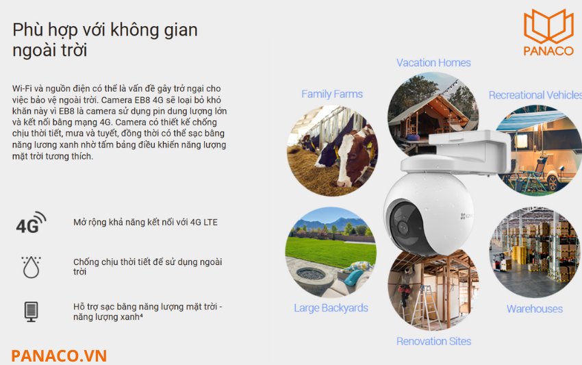 Camera Ezviz EB8 4G 4K sử dụng kết nối mạng di động 4G LTE, cho phép lắp đặt ở bất kỳ vị trí nào có sóng 4G mà không cần phụ thuộc vào Wi-Fi