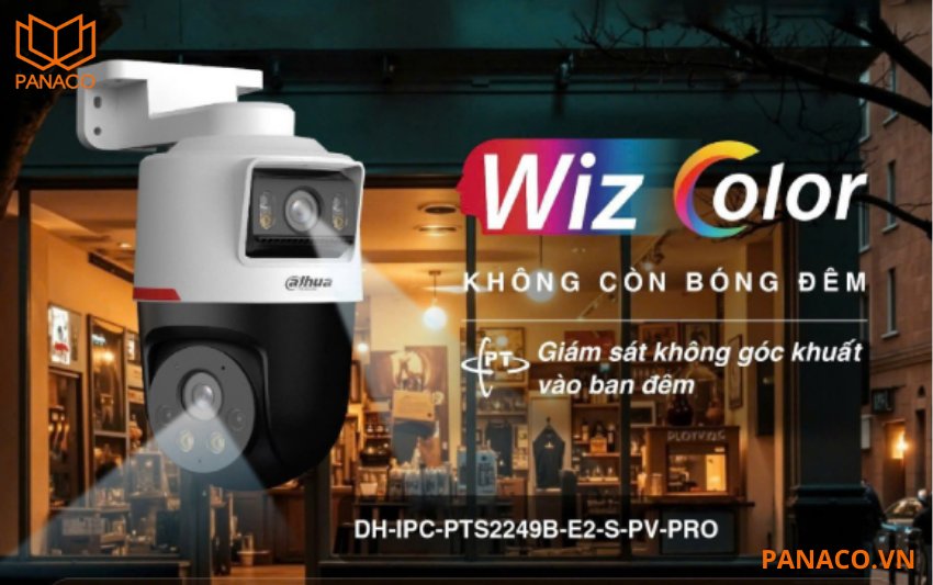 Camera IP Dahua DH-IPC-PTS2249B-E2-S-PV-PRO tích hợp đèn LED giúp ghi hình có màu ban đêm