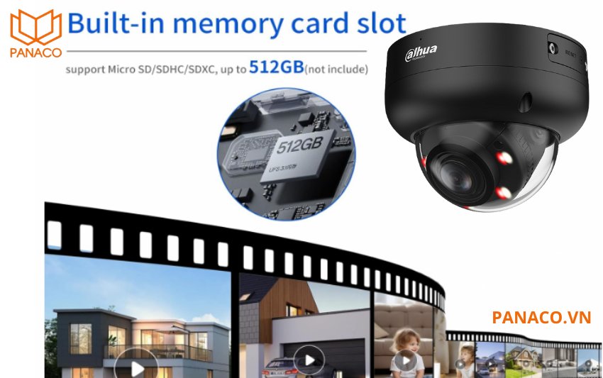 DH-IPC-HDBW3449RP-ZAS-IL hỗ trợ khe cắm thẻ nhớ dung lượng 512GB, lưu trữ độc lập mà không cần phụ thuộc hoàn toàn vào hệ thống đầu ghi trung tâm.