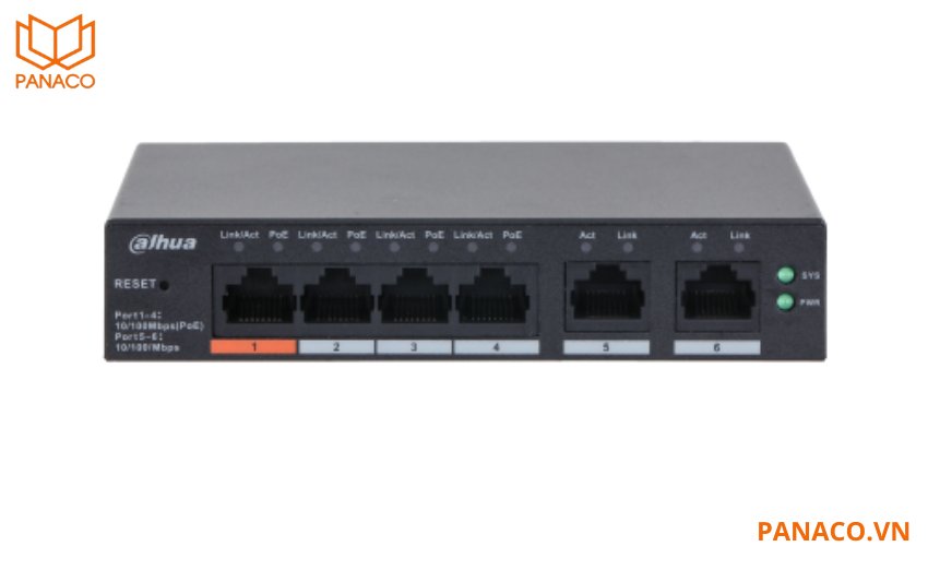 DH-CS4006-4ET2ET-60 sở hữu 4 cổng RJ-45 cùng 2 cổng uplink RJ-45 giúp hệ thống linh hoạt trong việc kết nối và mở rộng thiết bị đầu cuối