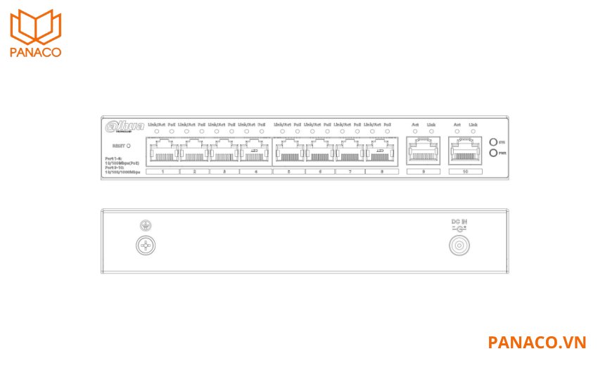 DH-CS4010-8ET-110 được trang bị 8 cổng PoE tốc độ 10/100 Mbps cùng 2 cổng uplink tốc độ cao 10/100/1000 Mbps