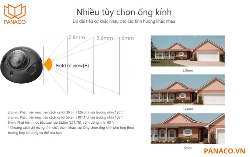 DH-IPC-HDBW3241F-AS-S2 cung cấp nhiều lựa chọn ống kính như 2.8mm, 3.6mm và 6mm