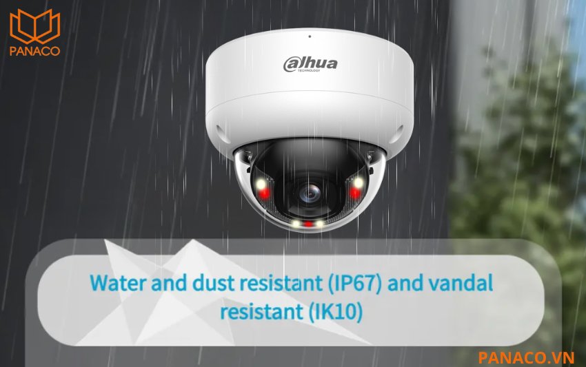DH-IPC-HDBW3649EP-AS-IL được chế tạo bằng kim loại chắc chắn, đạt tiêu chuẩn bảo vệ IP67 chống bụi và nước, đồng thời đạt chuẩn IK10 chống va đập.