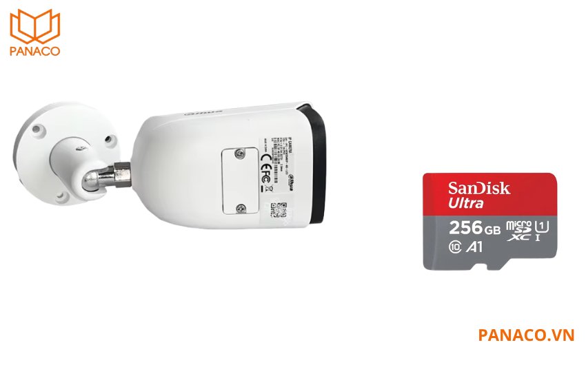 DH-IPC-HFW3841E-AS-S2 trang bị khe cắm thẻ cắm thẻ nhớ lên đến 256GB, lưu trữ video lâu dài