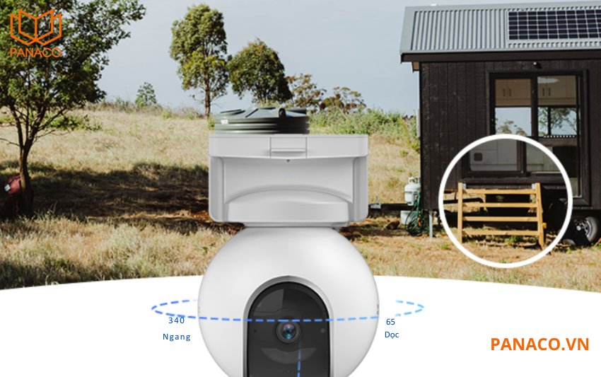 Ezviz EB8 4G hỗ trợ khả năng quay ngang 340 độ và xoay dọc 65 độ, kết hợp với ống kính góc rộng 100° giúp người dùng quan sát gần như toàn cảnh