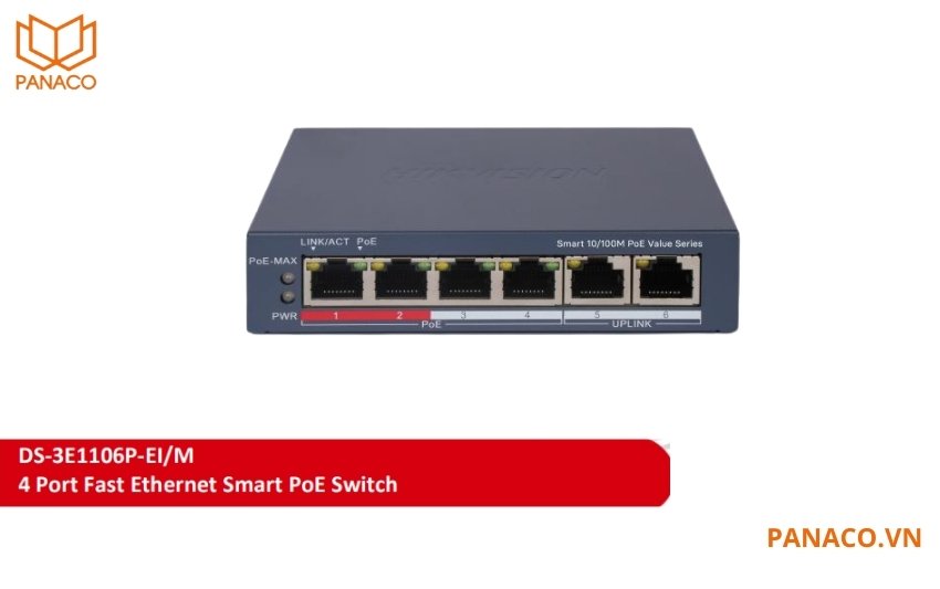 Switch mạng 4 cổng PoE Hikvision DS-3E1106P-EI/M