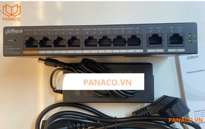 DH-CS4010-8ET-60 trang bị 8 cổng RJ45 và 2 cổng uplink cho phép truyền tải dữ liệu tốc độ cao về trung tâm quản lý