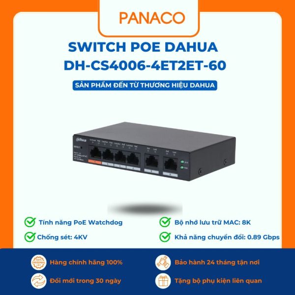 Switch Poe 4 cổng Dahua DH-CS4006-4ET2ET-60