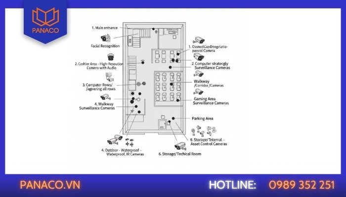 Để đảm bảo an ninh cho phòng net, cần lắp đặt camera tại các vị trí chiến lược