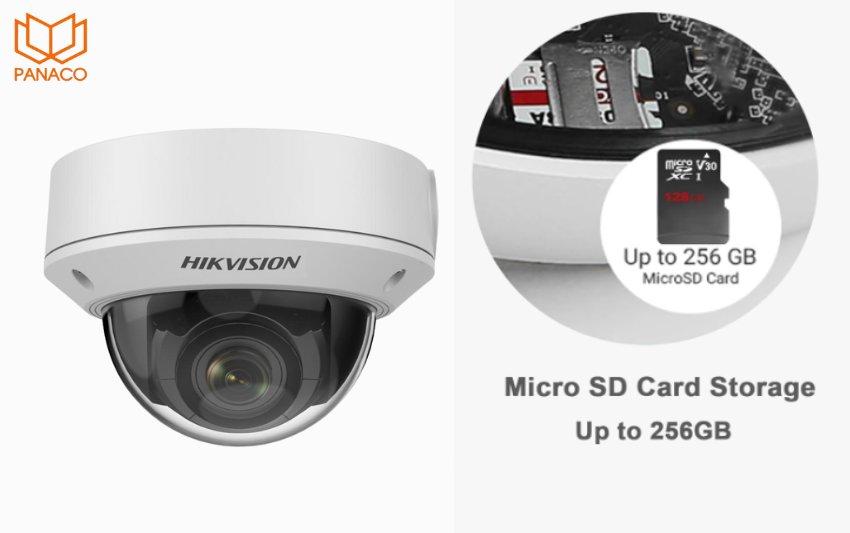 DS-2CD1743G2-IZ có khe cắm thẻ nhớ 256GB, lưu trữ trực tiếp tại camera mà không cần đến đầu ghi trung tâm