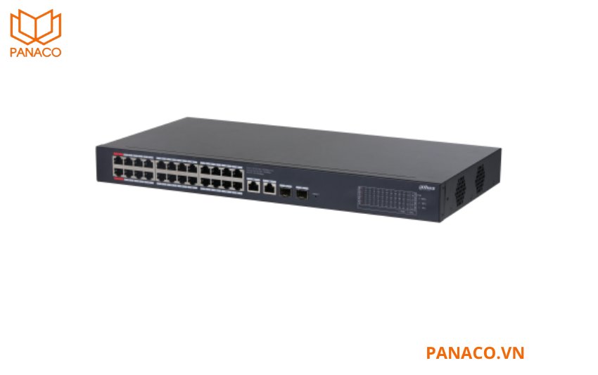 Switch trang bị 24 cổng RJ45; 2 cổng uplink và 2 cổng uplink quang SFP