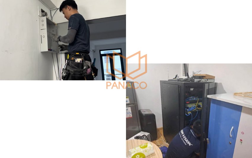 Đầu ghi nvr và các thiết bị mạng được đặt gọn gàng