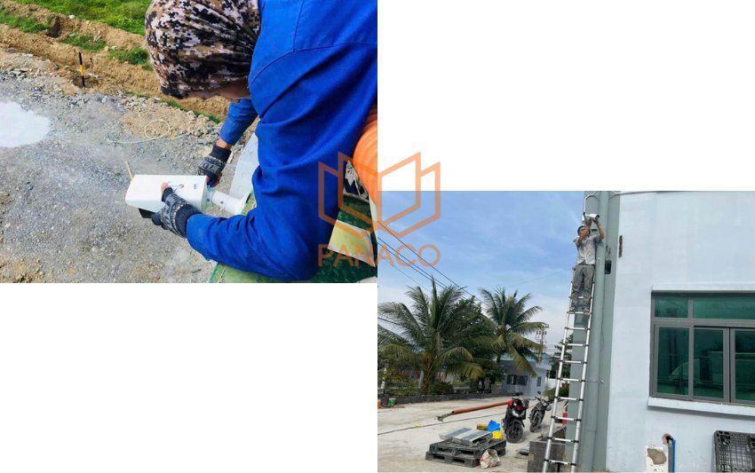 Công nhân Panaco leo thang lắp đặt camera
