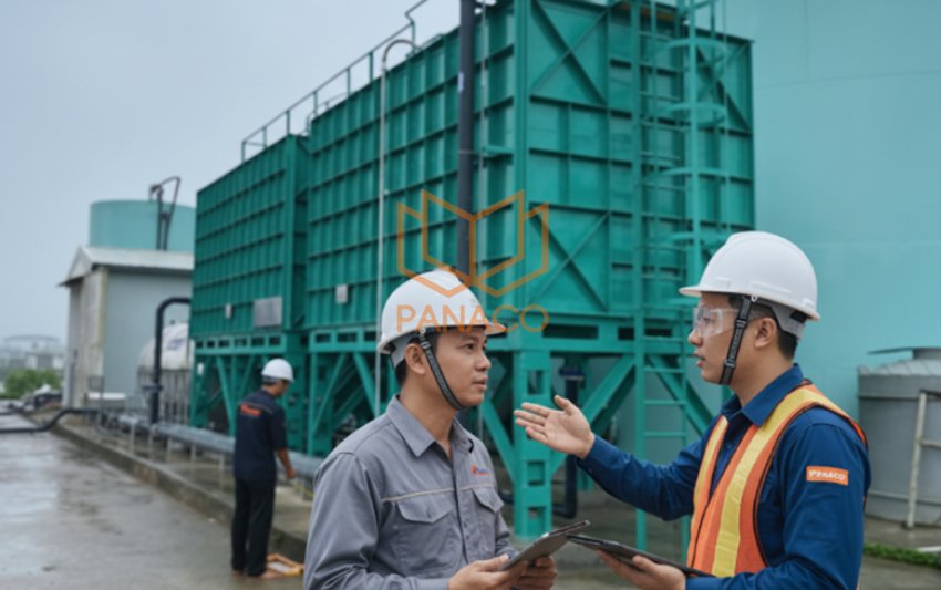 Kỹ sư Panaco đi hiện trường, cầm bản vẽ hoặc thước đo, đứng cạnh bể xử lý