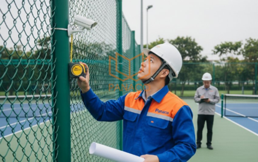 Kỹ sư Panaco cầm bản vẽ, đo đạc trong sân