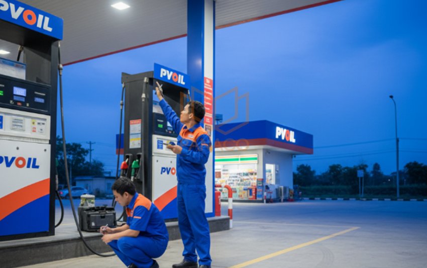Kỹ thuật viên Panaco khảo sát khu vực trụ bơm và cổng ra vào