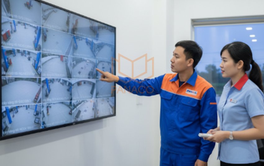 Nhân viên Panaco hướng dẫn lễ tân pvoil thao tác xem camera trên màn hình