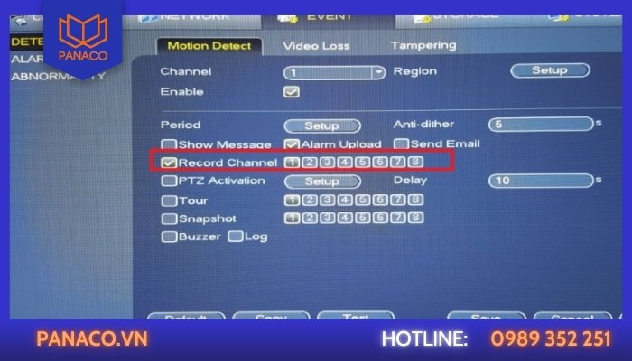 Tích chọn mục Record Channel để cài đặt ghi hình chuyển động đầu ghi Dahua