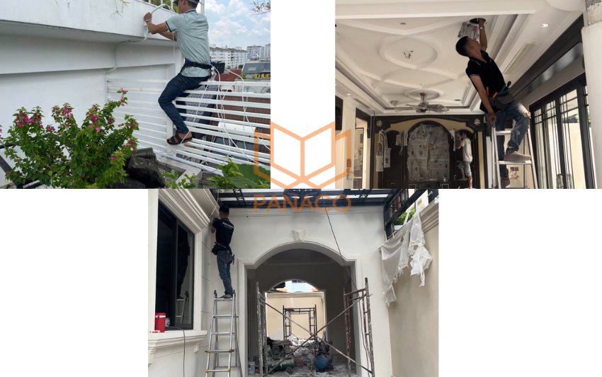 Kỹ thuật viên Panaco sử dụng các công cụ chuyên dụng để lắp camera giám sát