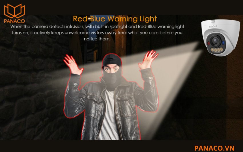 Camera Imou PS8D thiết kế hệ thống đèn spotlight chiếu sáng và đèn cảnh báo đỏ – xanh