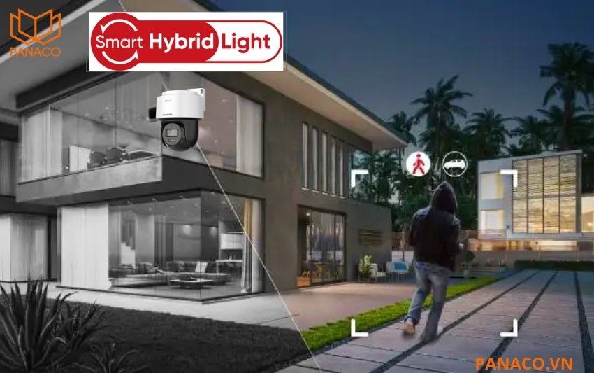 Smart Hybrid Light là công nghệ chiếu sáng thông minh của Hikvision cho phép camera tự động chuyển đổi giữa IR (hồng ngoại) và White Light (ánh sáng trắng) 