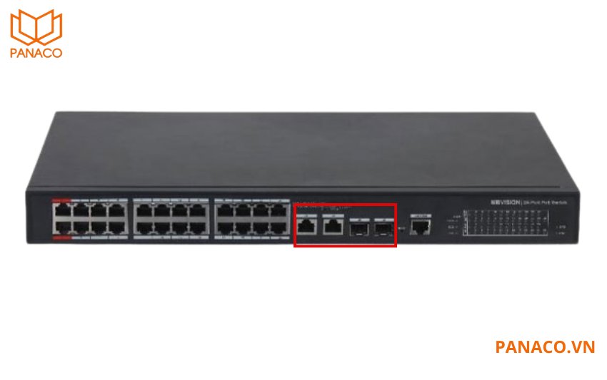 switch PoE Kbvision 24 cổng KX-CSW24-PF được trang bị 2 cổng SFP và 2 cổng Uplink 