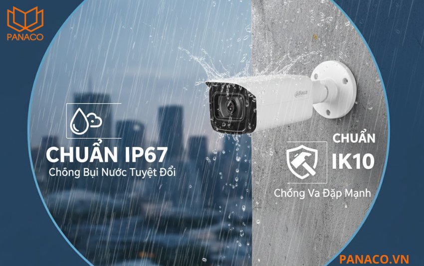 Dahua DH-IPC-HFW5442T-ASE đạt chuẩn chống bụi nước IP67 và chống va đập IK10
