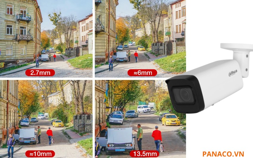 Dahua DH-IPC-HFW2441T-ZAS có ống kính motorized với dải tiêu cự rộng 2.7–13.5mm, cho phép thay đổi góc nhìn từ rộng đến hẹp