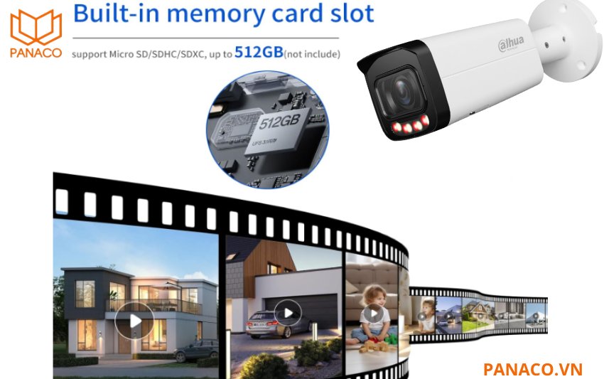 Camera DH-IPC-HFW3849T-ZAS-IL hỗ trợ khe cắm thẻ nhớ lên đến 512GB và hoạt động ổn định ngay cả khi ghi hình liên tục