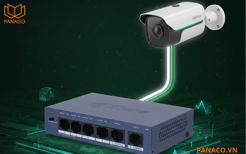 DH-S3006-4ET-36 cấp nguồn PoE trực tiếp cho camera IP thông qua cáp mạng