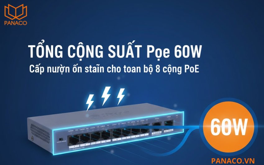 DH-S3010-8ET2ET-60 có tổng công suất PoE lên đến 60W