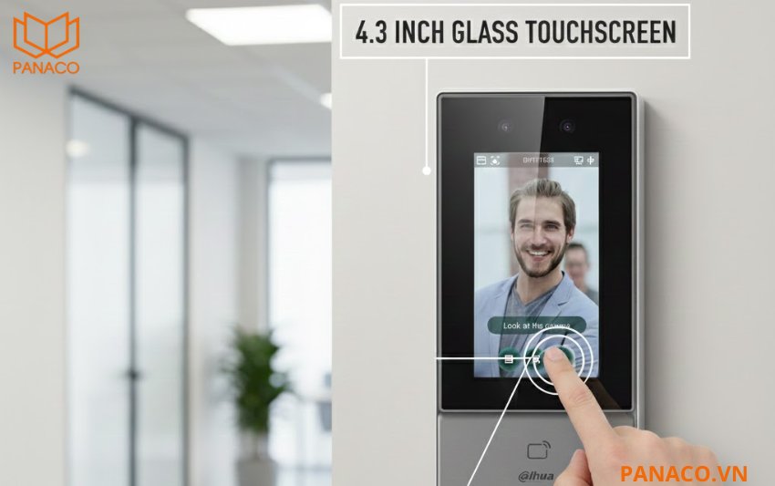 Máy chấm công nhận diện khuôn mặt Dahua DHI-ASI6213S được trang bị màn hình cảm ứng bằng kính kích thước 4,3 inch với độ phân giải 272 × 480
