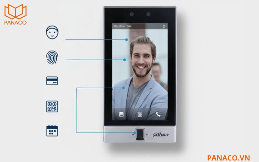 Thiết bị hỗ trợ nhiều hình thức xác thực khác nhau gồm nhận diện khuôn mặt, vân tay, thẻ IC, mật khẩu, mã QR và mở khóa theo lịch trình