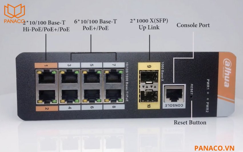 DH-PFS4210-8GT-DP được trang bị tám cổng 10/100/1000 Base-T hỗ trợ cấp nguồn PoE cùng hai cổng quang 100/1000 Base-X