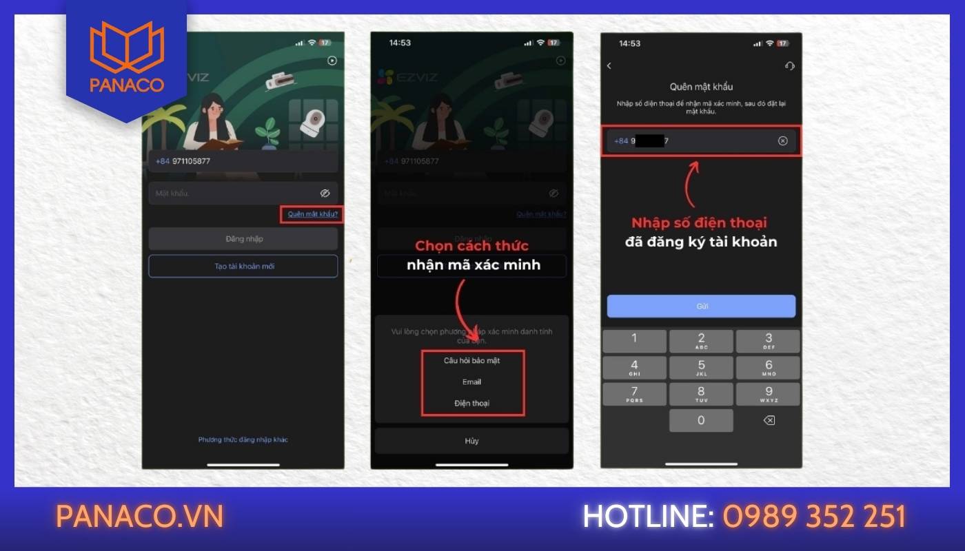 Đặt lại mật khẩu camera Ezviz - B2: Chọn “Quên mật khẩu” và khôi phục mật khẩu mới