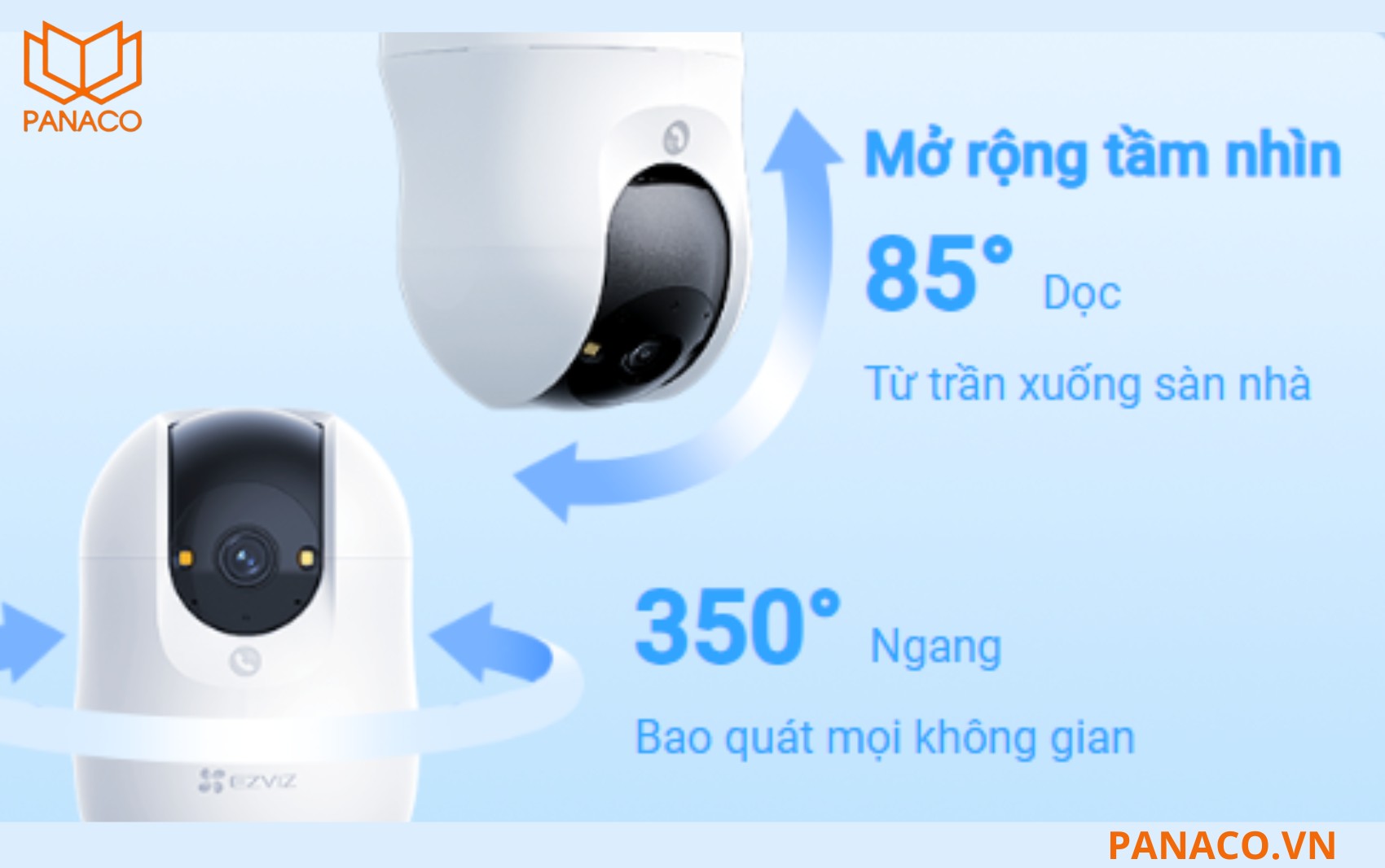 Camera Ezviz C6N G1 3K hỗ trợ quay ngang lên đến 350° và xoay dọc 85°