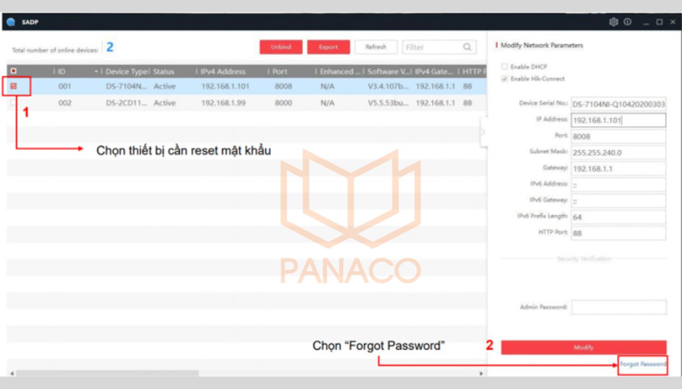 Chọn thiết bị cần reset để tiến hành khắc phục camera Hikvision bị khóa