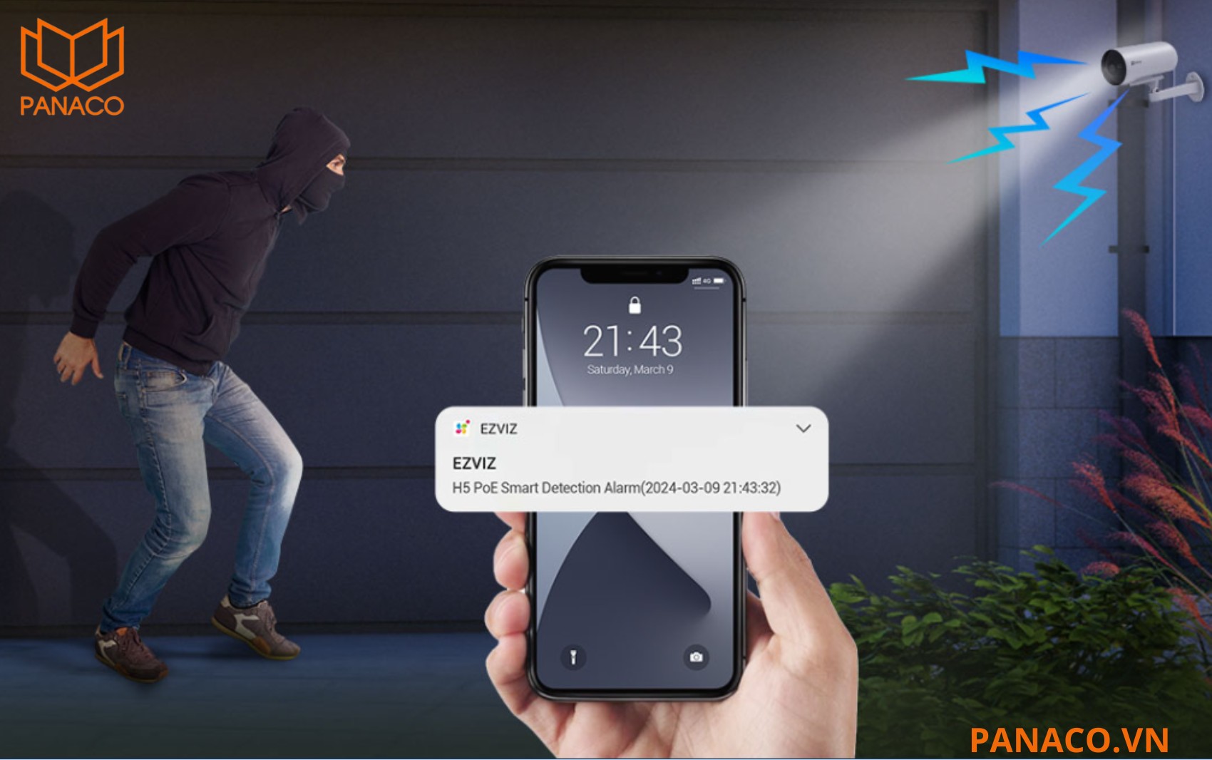 Ezviz H5 PoE 2K cảnh báo chủ động bằng còi và đèn chớp khi phát hiện xâm nhập