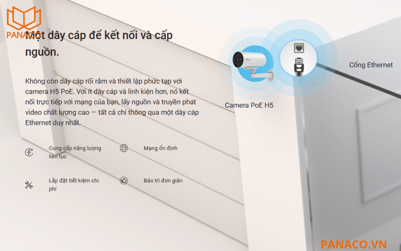 CS-H5-R201-1H3EKFL sử dụng kết nối mạng LAN PoE (10/100M), không hỗ trợ WiFi