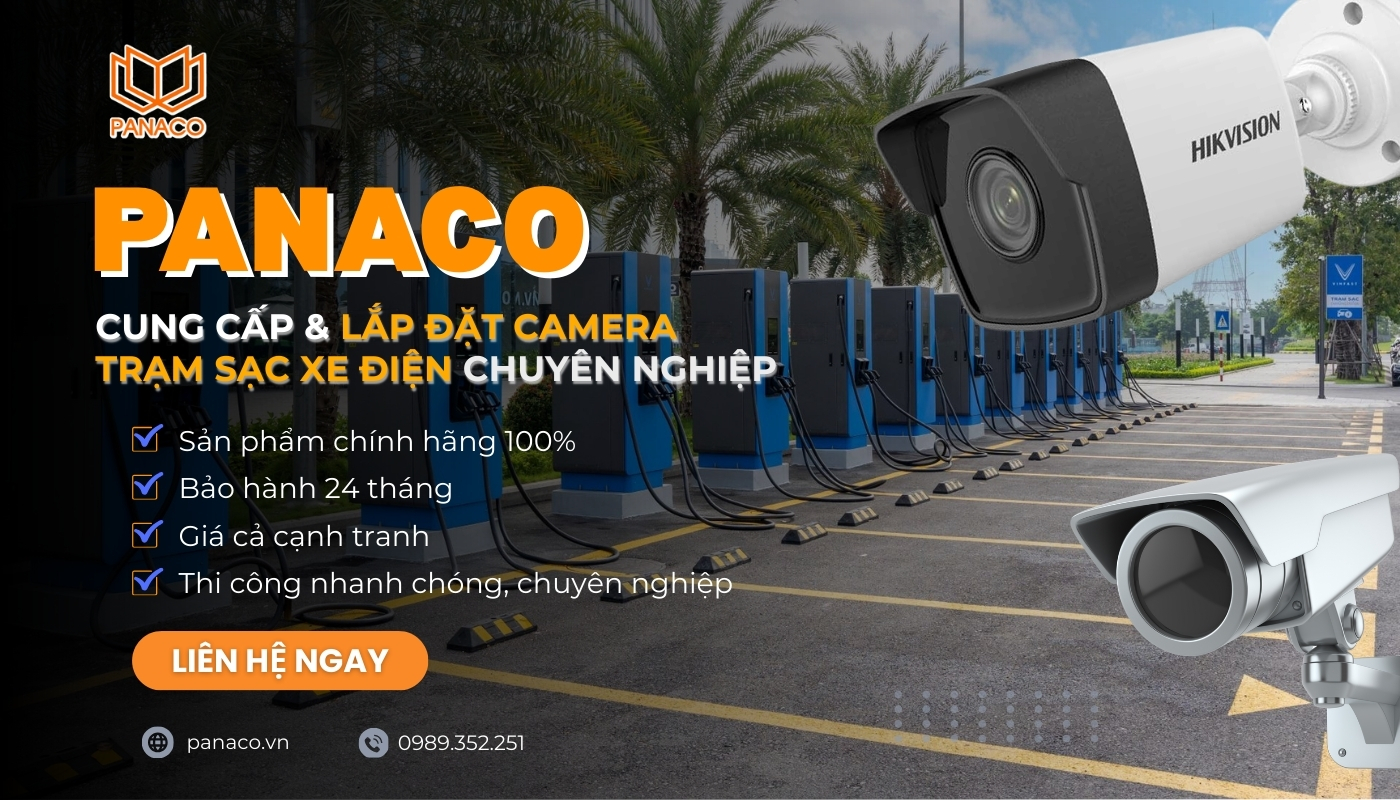Hệ thống camera giám sát PANACO lắp đặt tại trạm sạc xe điện với góc quan sát toàn khu vực