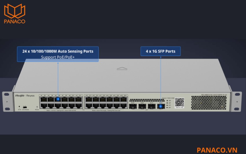 RG-NBS3100-24GT4SFP-P-V2 trang bị 24 cổng Gigabit hỗ trợ PoE/PoE+
