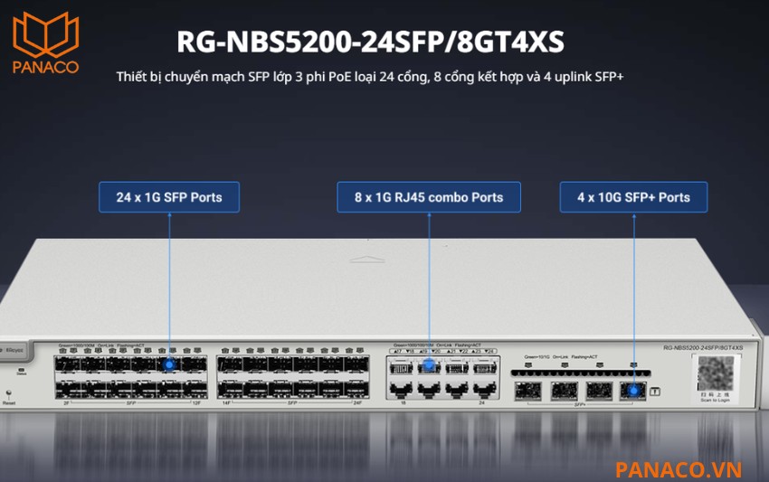 RG-NBS5200-24SFP_8GT4XS có 24 cổng quang SFP kết hợp 8 cổng Gigabit RJ45