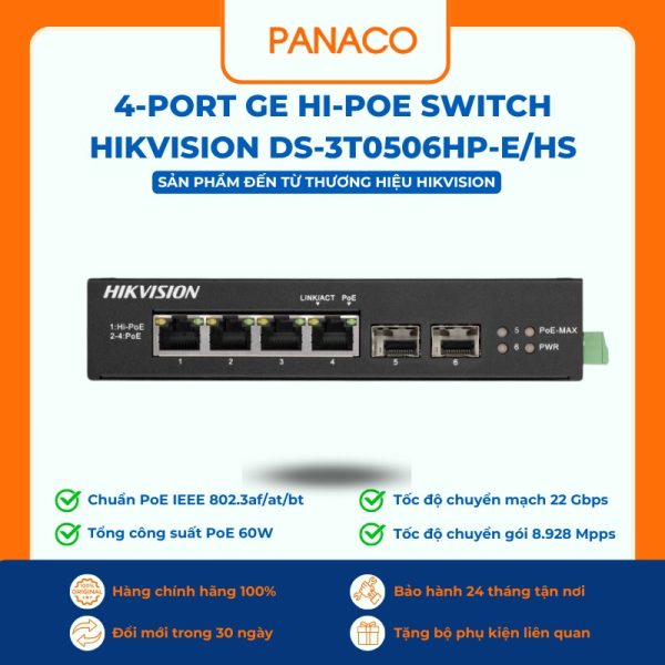 4-Port GE Hi-PoE Switch Hikvision DS-3T0506HP-E/HS