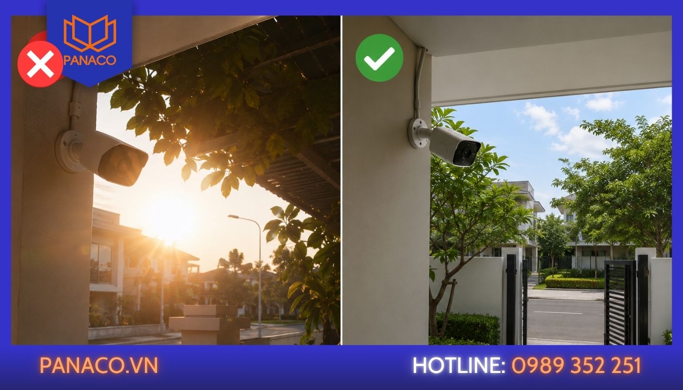 Tránh lắp camera đối diện nguồn sáng hoặc bị cây cối, mái che che khuất tầm quan sát