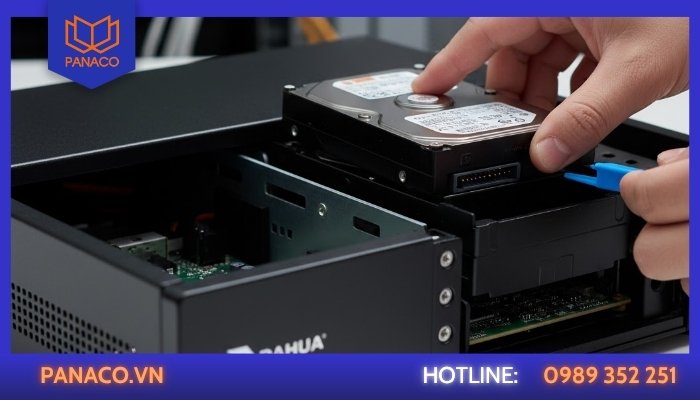 Kỹ thuật viên gắn ổ cứng vào khay bên trong đầu ghi camera Dahua