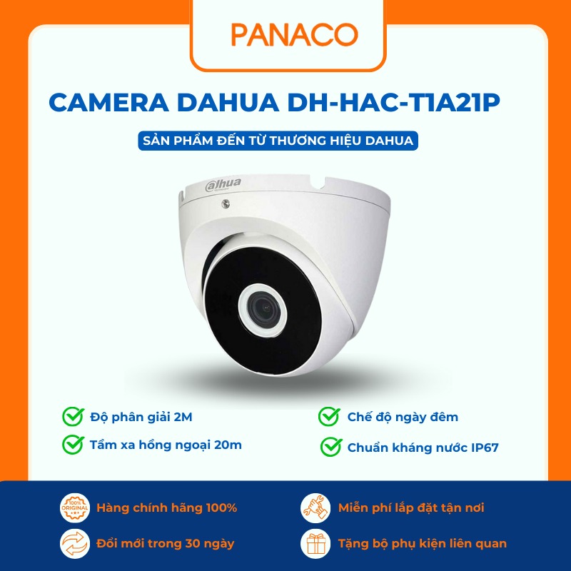 Camera Dahua DH-HAC-T1A21P dome gắn trần, hồng ngoại 20m, ban đêm ghi hình đen trắng