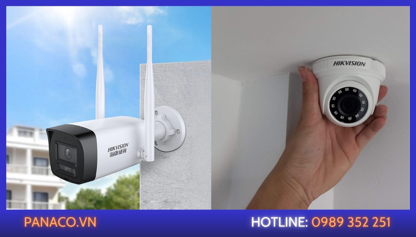Camera gắn tường ngoài trời đặt cạnh camera trong nhà để so sánh vỏ