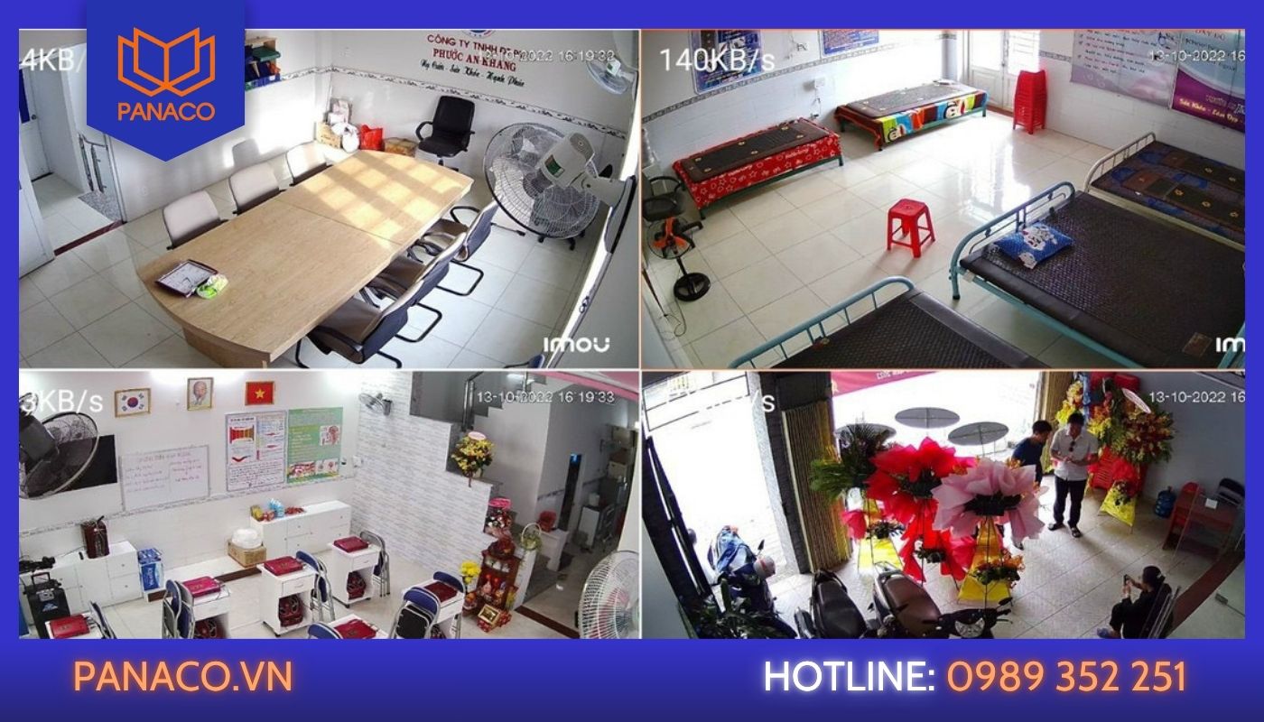 Màn hình chia bốn ô hiển thị bốn camera trong một công ty nhỏ