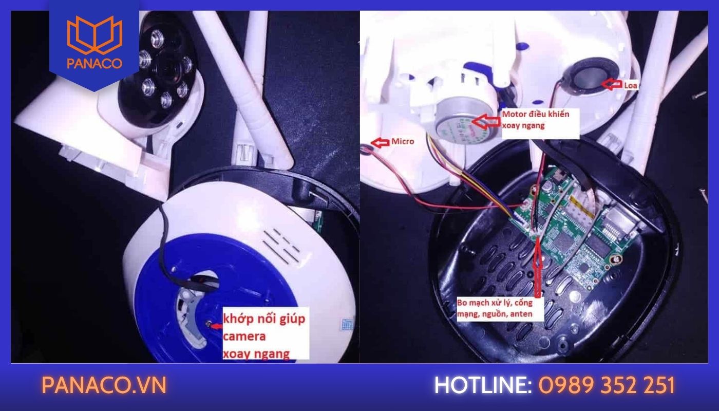 Camera xoay tháo vỏ, lộ khớp quay ngang và bo mạch bên trong
